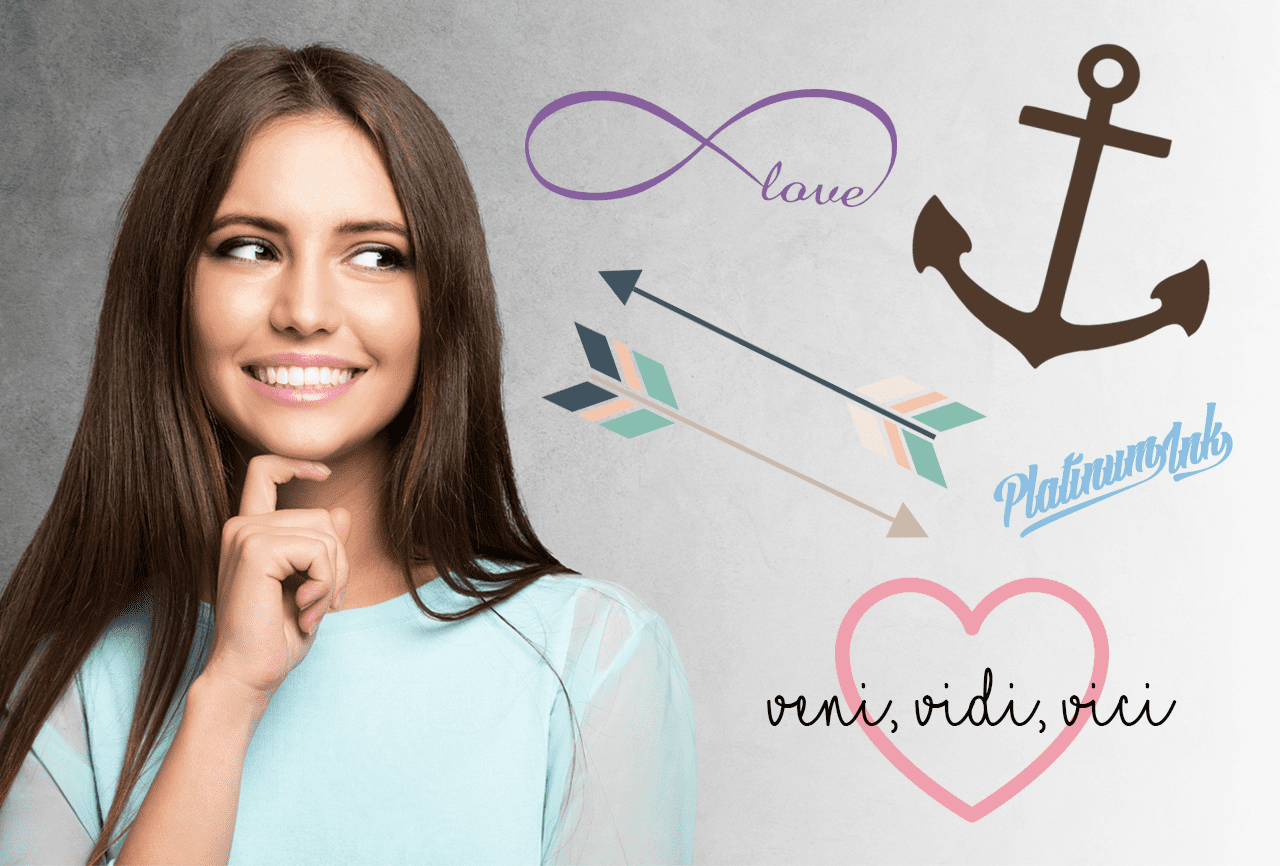 Smiling girl with arrow, infinity, and love tattoos.