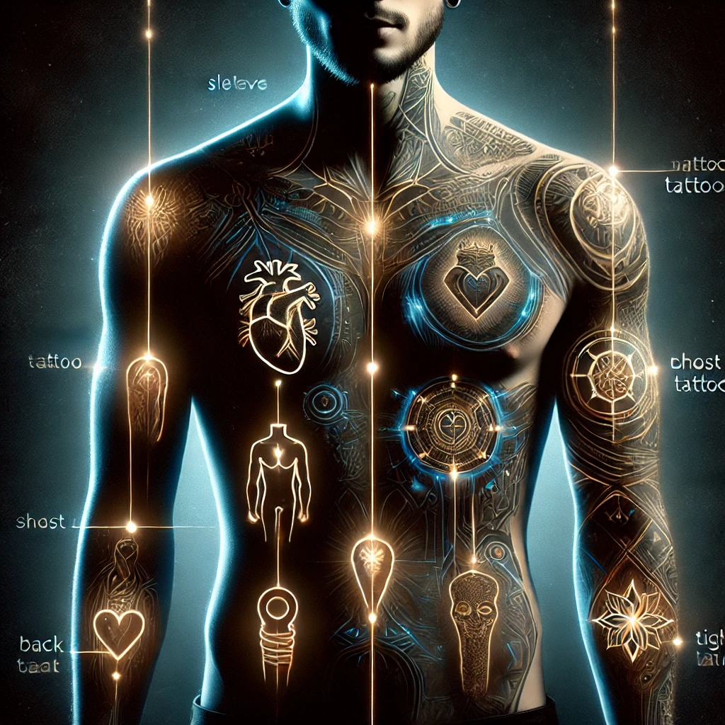 Illustration of a person with glowing tattoos on the arm, wrist, chest, back, and thigh against a dark background.